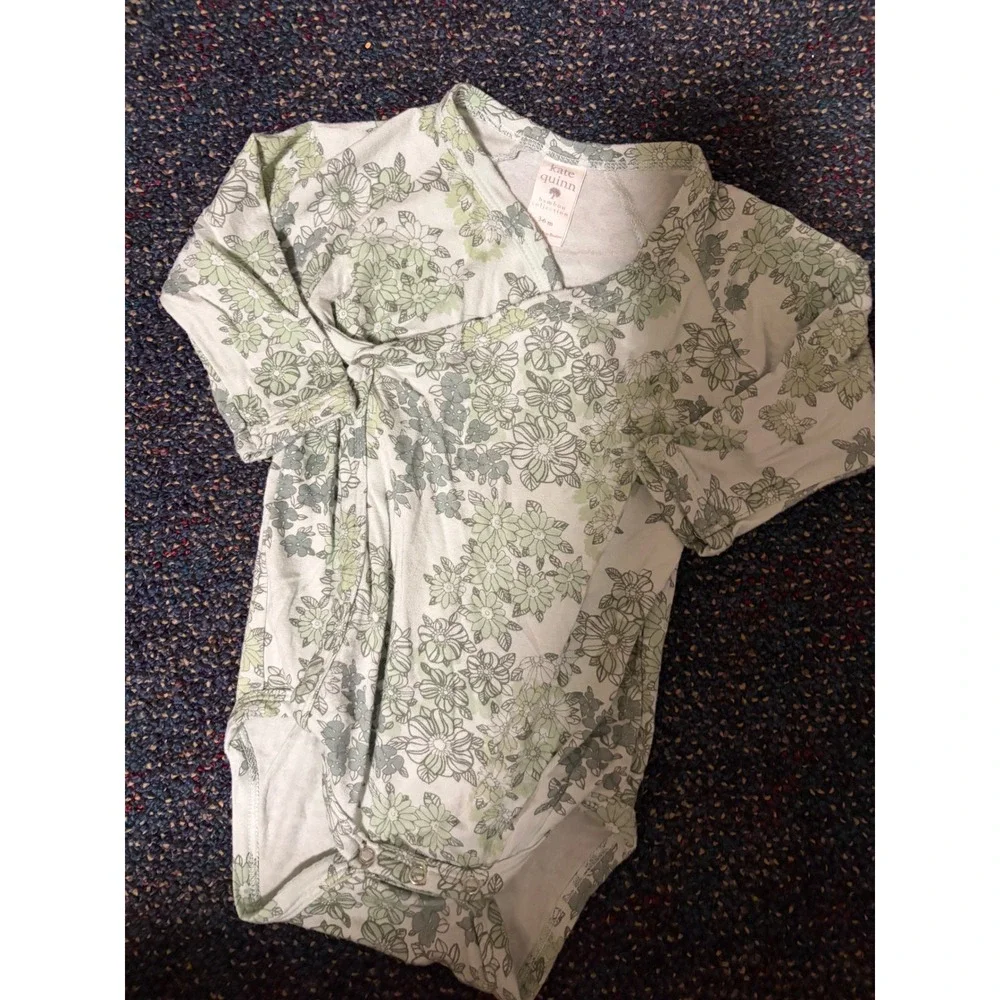 Kate Quinn Bamboo Kimono Bodysuit Green Floral Long Sleeve 3-6M